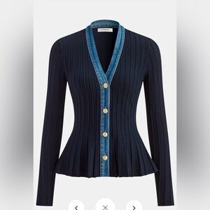 Denim trim peplum cardigan
